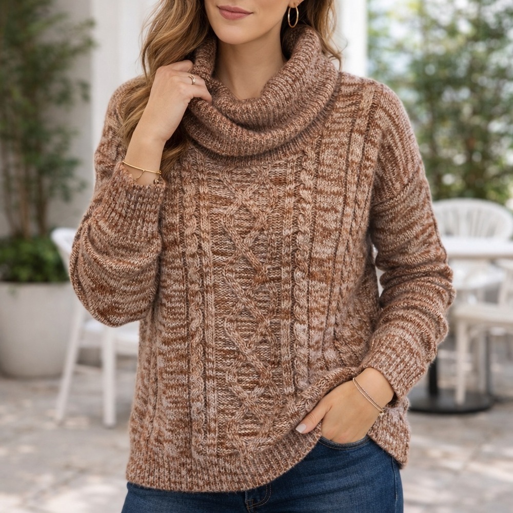 Jason Maxwell Cable Knit Cowl Neck Sweater Brown Neutral Size M NWOT